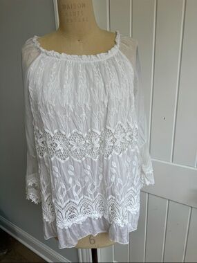 Boho White Lace-Tiered Peasant Tunic Le Marais Paris size L